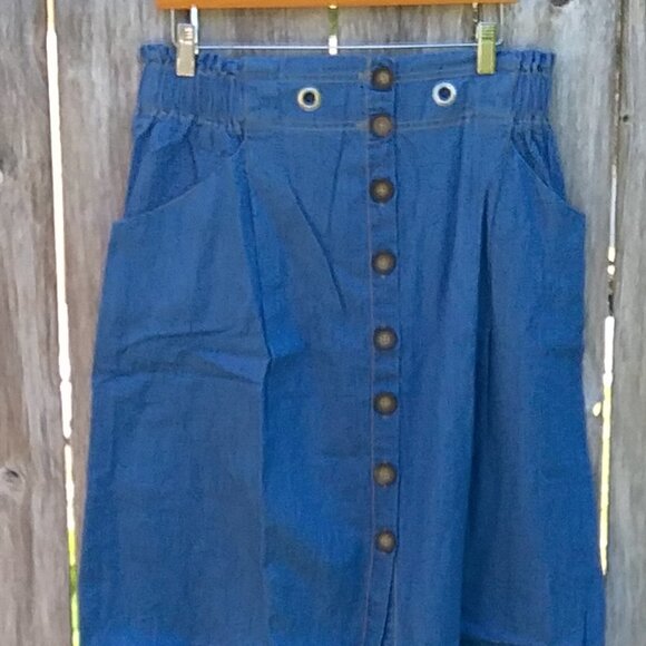 Anthropologie Skirt Women's Large Chambray Blue Cotton Button Down Front Preppy - Picture 3 of 10